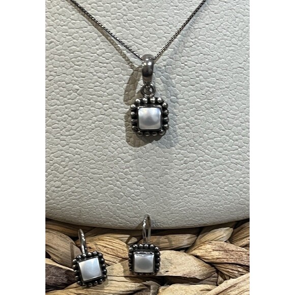 Silpada Sterling 925 Button Frame Mother of Pearl EARRINGS Necklace SET Italy - Picture 1 of 10